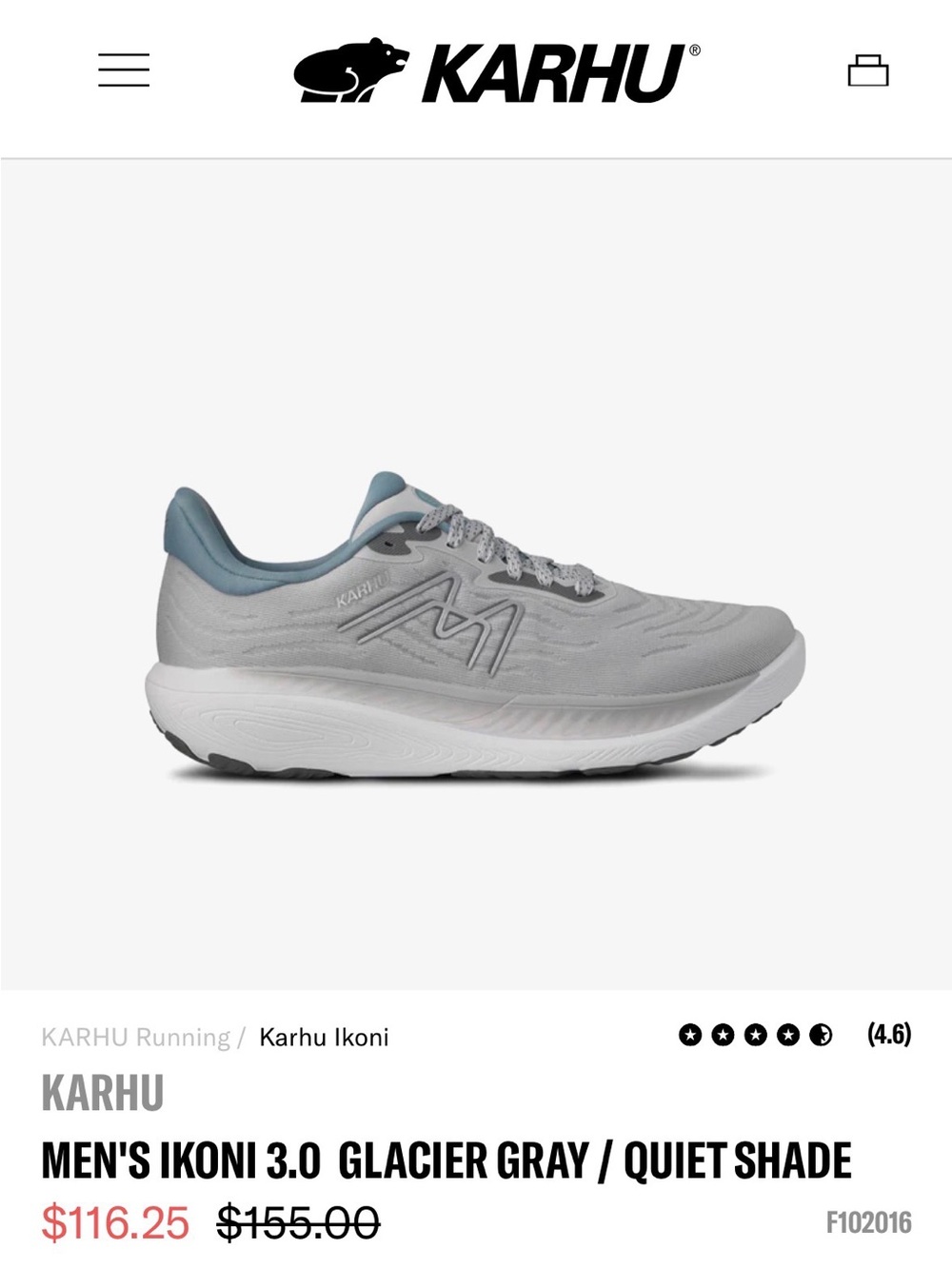 NWT Karhu Men's Ikoni 3.0 Running Shoe - Glacier Gray / Quiet Shade